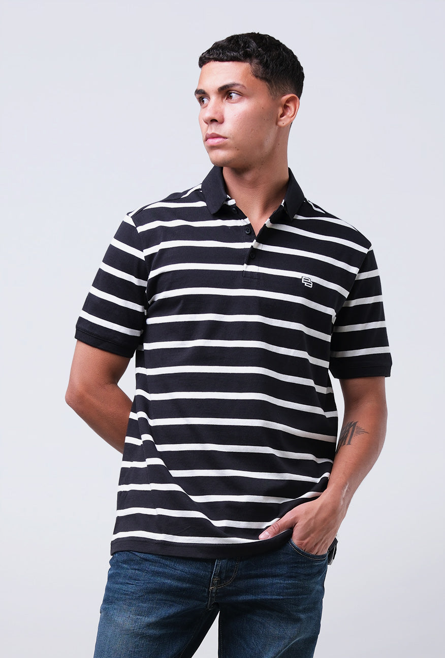 Polo Shirt Valda Black Offwhite Stripe