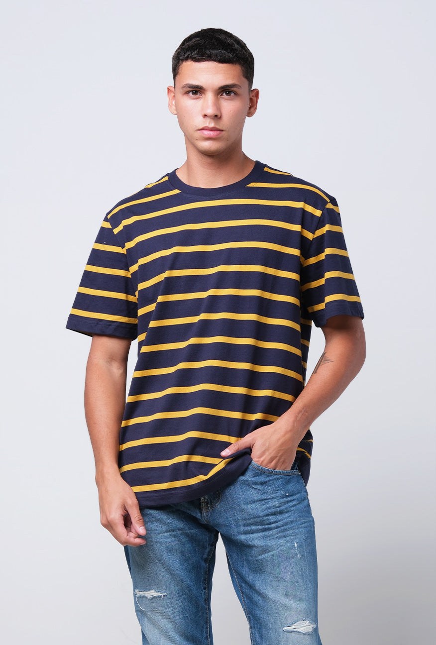 T-Shirt Lengan Pendek Regular Carly Navy Mustard Stripe