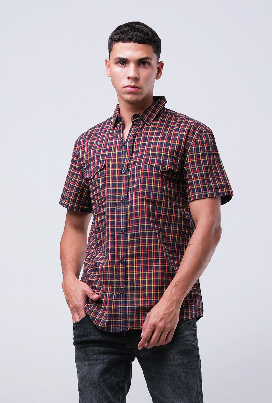 Kemeja Lengan Pendek Mendez Black Yellow Slimfit