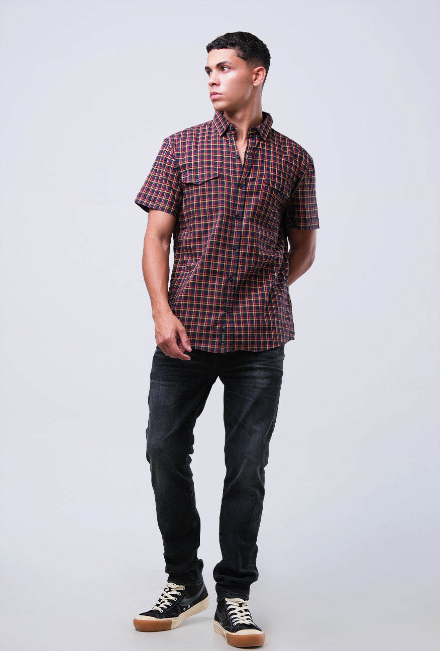 Kemeja Lengan Pendek Mendez Black Yellow Slimfit