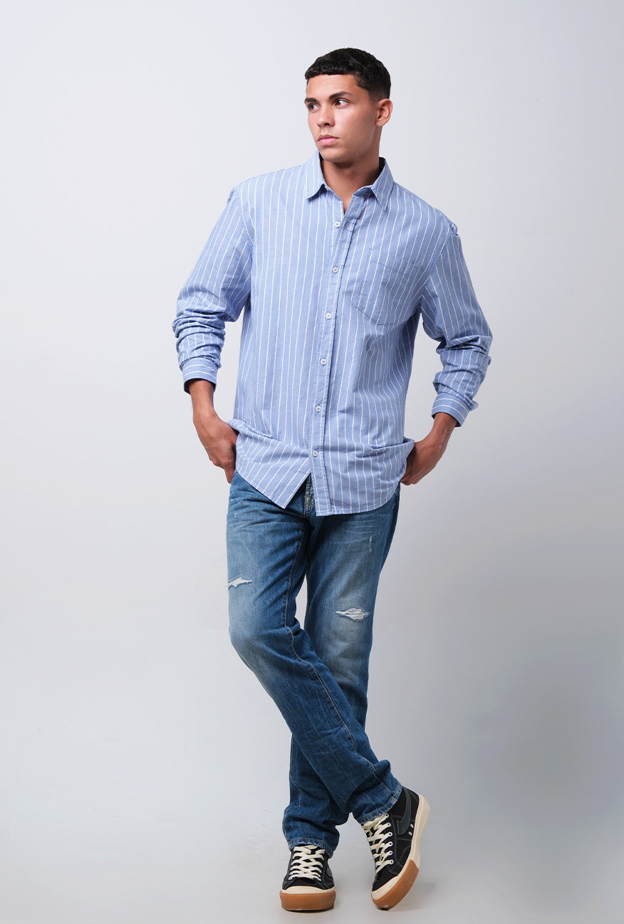 Kemeja Lengan Panjang Placid Stripe Blue White