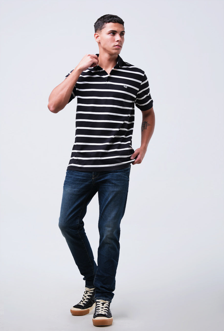 Polo Shirt Valda Black Offwhite Stripe