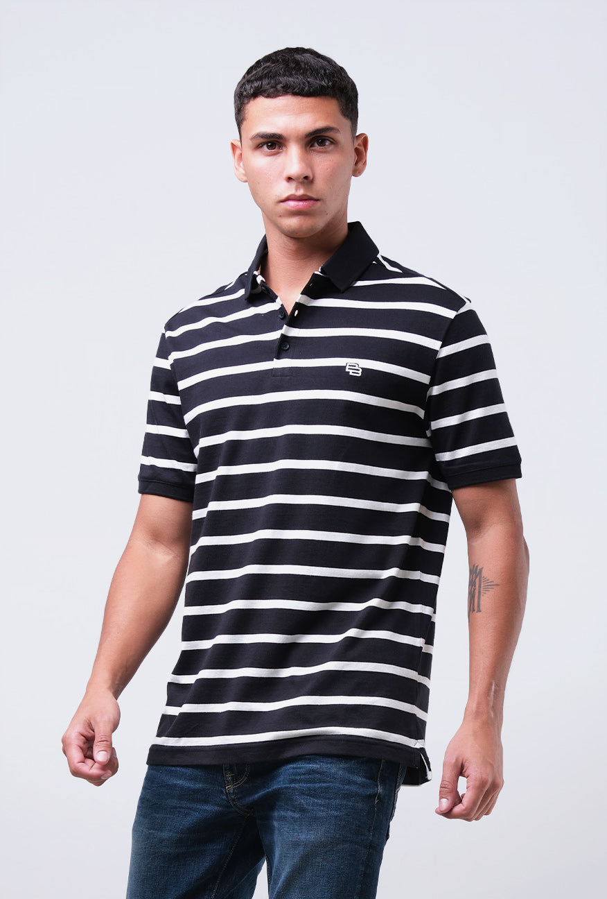 Polo Shirt Valda Black Offwhite Stripe
