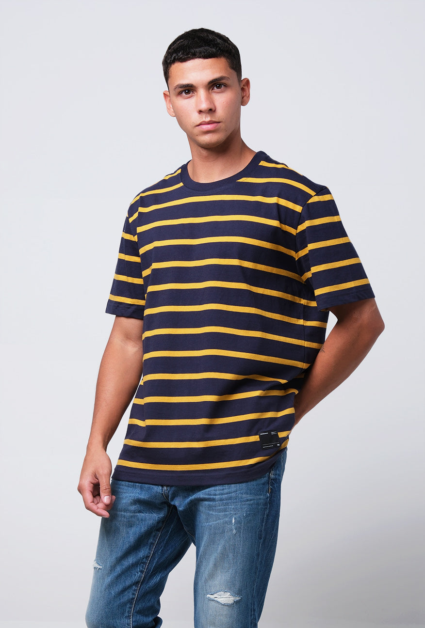 T-Shirt Lengan Pendek Regular Carly Navy Mustard Stripe