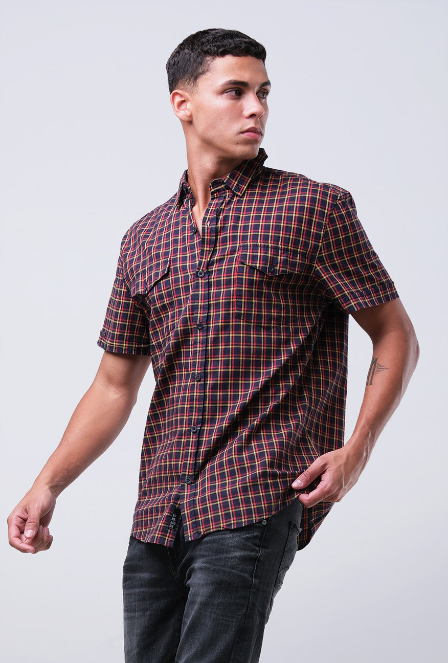 Kemeja Lengan Pendek Mendez Black Yellow Slimfit
