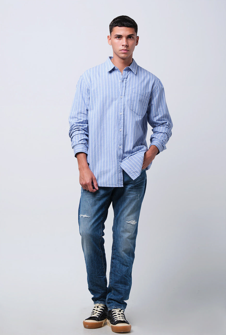 Kemeja Lengan Panjang Placid Stripe Blue White