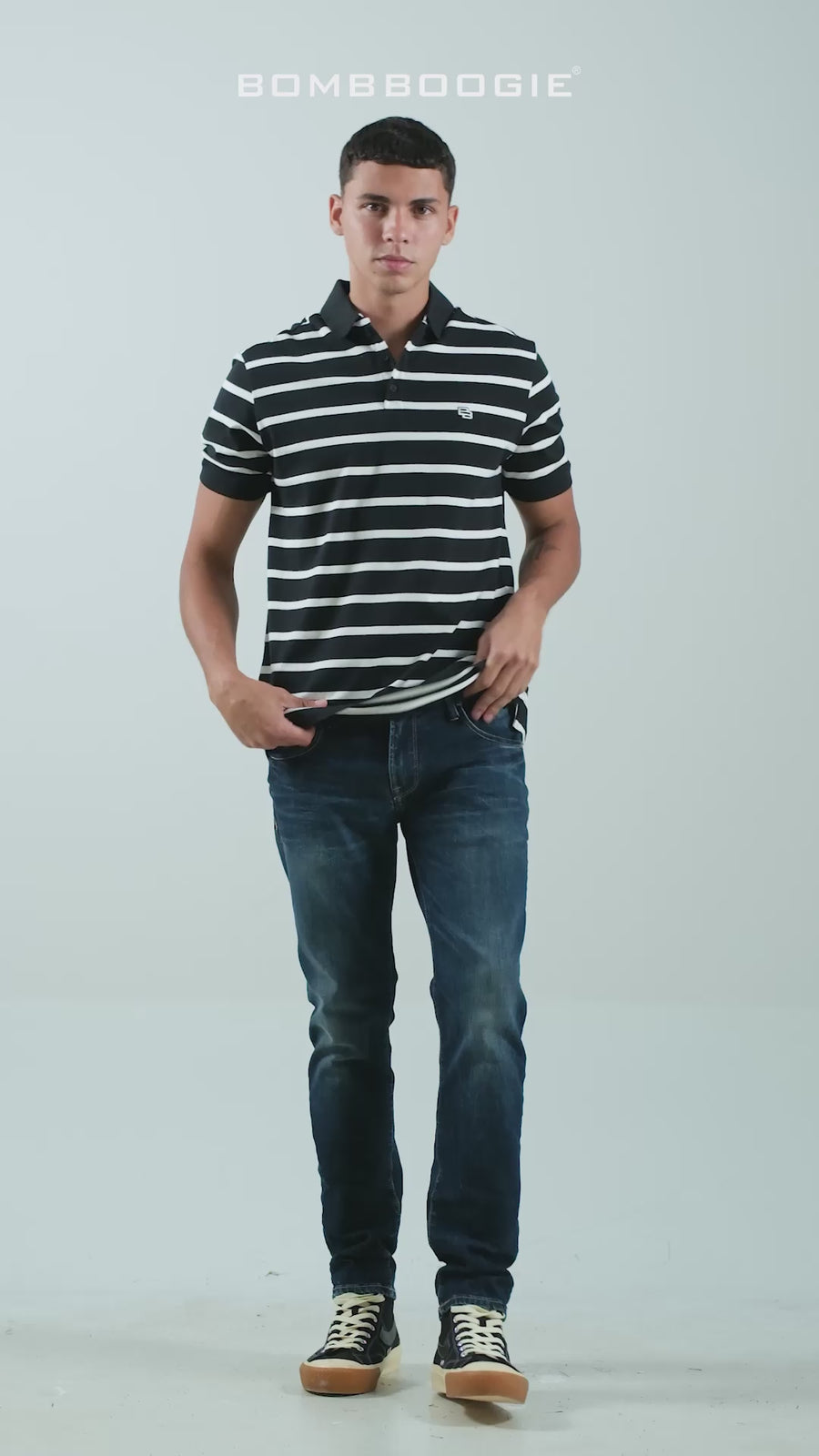 Polo Shirt Valda Black Offwhite Stripe